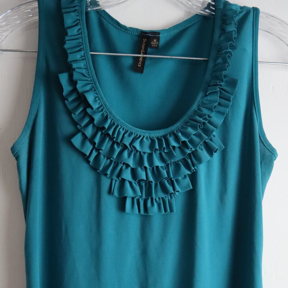 Vtg Susan Lawrence Teal Ruffle Trim Tank Top Career Layering Top Womens Medium